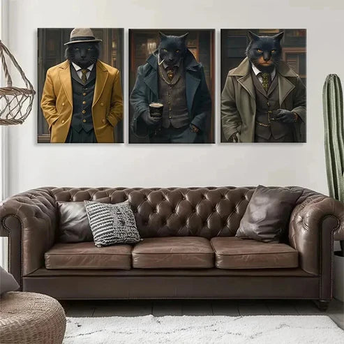 3pcs Stylish Feline in Classic Suits Cat Perfect Wall Art Canvas Unframed - High Quality Print 100% Australian Made Wall Canvas