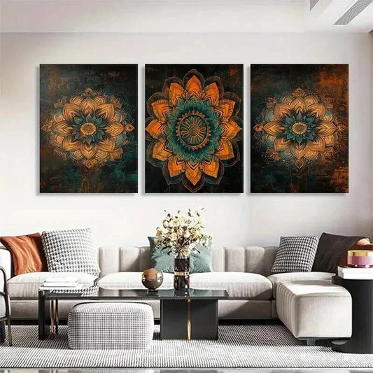 3pcs Mandala Flower Floral Mandala Teal Perfect Wall Art Set Canvas Framed 50x70cm - High Quality Print 100% Australian Made Wall Canvas Ready to Hang