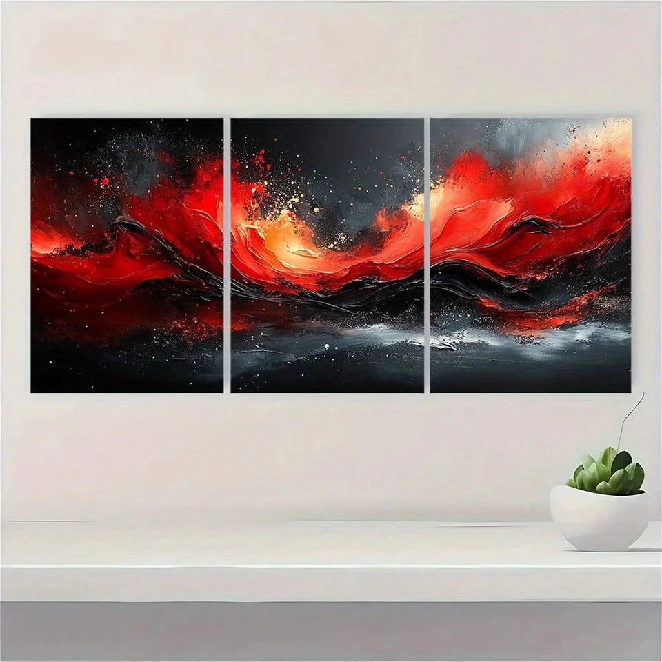 3pcs Modern Red Black Abstract Metal Print Ready to Hang Art