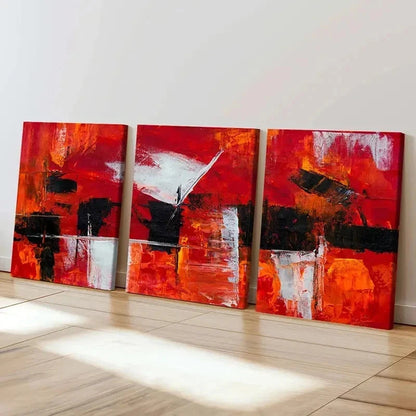 3pcs Red And Black Blocks Abstract Wall Art Set Canvas Framed 40x60cm - High Quality Print 100% Australian Made Wall Canvas Ready to Hang
