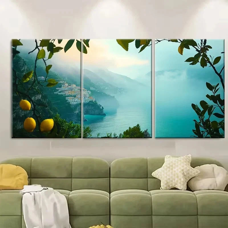 3pcs Amalfi Coast at Dawn, Lemon Groves Wall Art Set Canvas Framed 50x70cm - High Quality Print 100% Australian Made Wall Canvas Ready to Hang