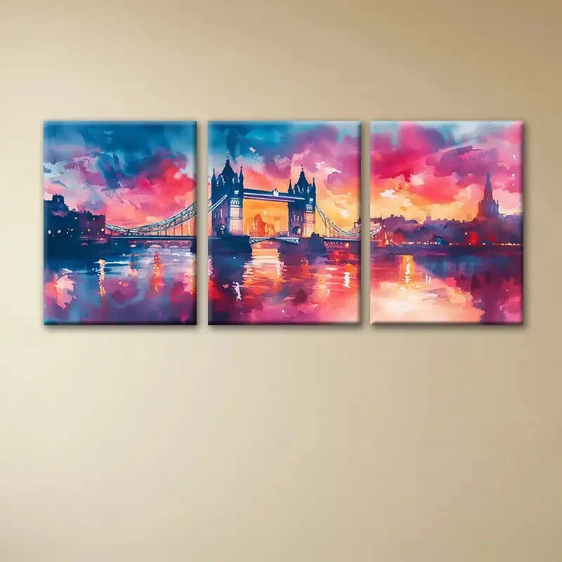 3pcs London Bridge Vibrant Sunset Metal Print Ready to Hang Art