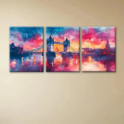 3pcs London Bridge Vibrant Sunset Metal Print Ready to Hang Art