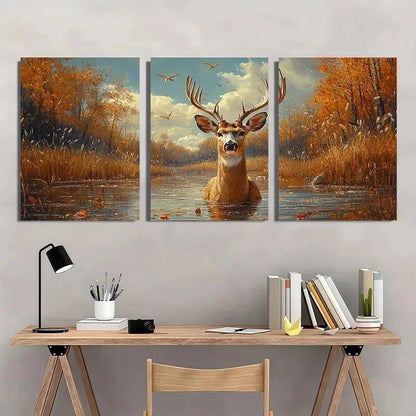3pcs Vintage Whitetail Deer Hunting Wall Art Set Canvas Framed 40x60cm - High Quality Print 100% Australian Made Wall Canvas Ready to Hang