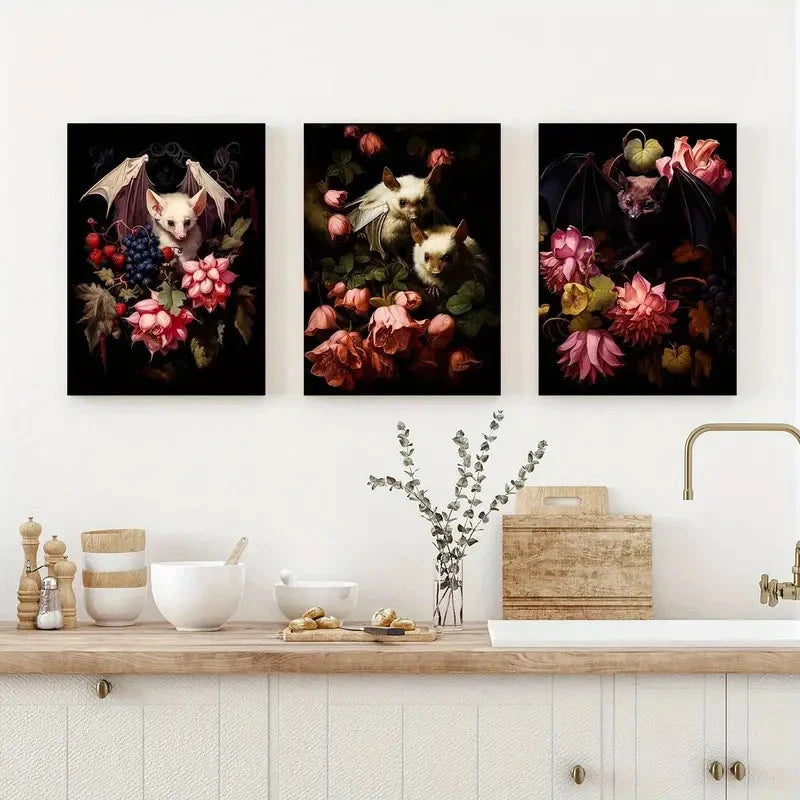3pcs Humorous Animals Including Bats Metal Print Ready to Hang Art