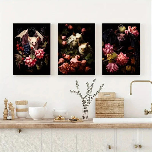 3pcs Humorous Animals Including Bats Metal Print Ready to Hang Art