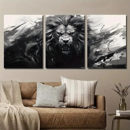 3pcs Black and White Monochrome Animal Lion Wall Art Set Canvas Unframed - High Quality Print 100% Australian Made Wall Canvas