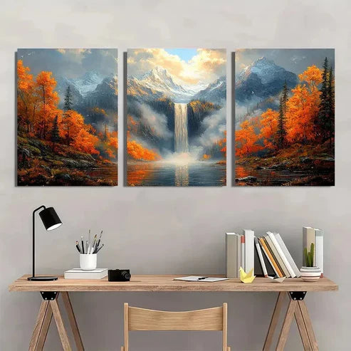 3pcs Autumn Waterfall Misty Mountain Wall Art Canvas Unframed - High Quality Print 100% Australian Made Wall Canvas