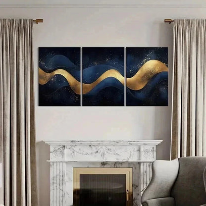 3pcs Golden Waves Dark Sky Sparkling Stars Metal Print Ready to Hang Art