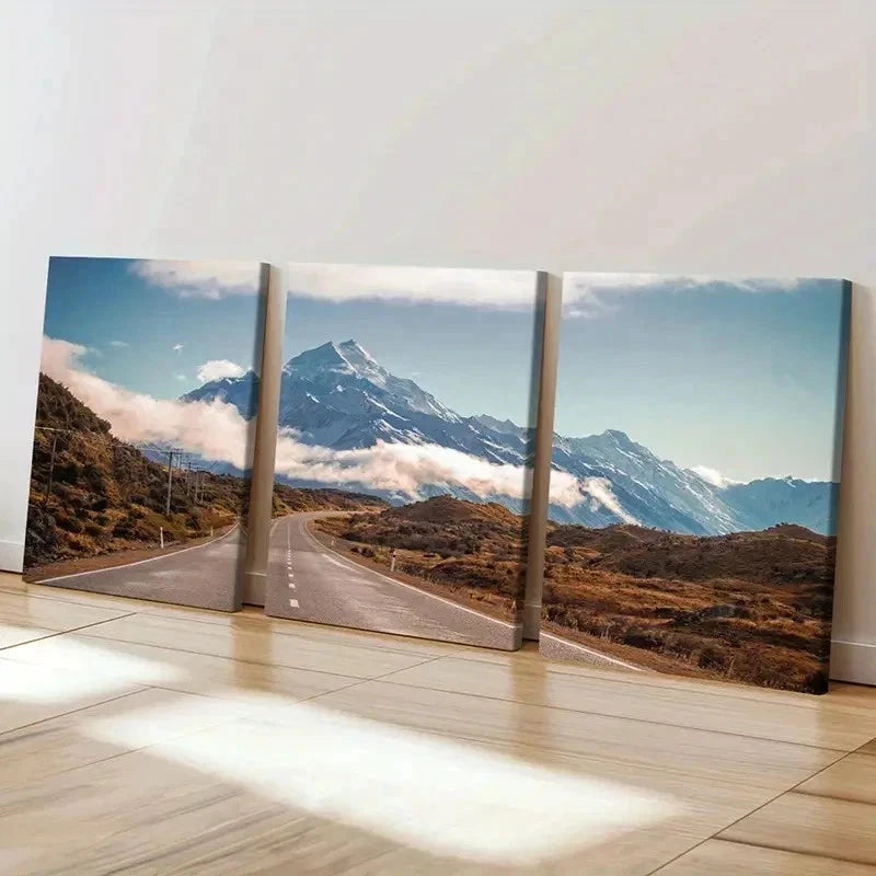 3pcs Snowy Mountains Roads Natural Wall Art Set Canvas Framed 40x60cm - High Quality Print 100% Australian Made Wall Canvas Ready to Hang