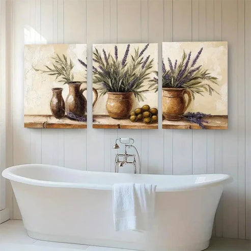 3pcs Tranquil Lavender in Rustic Vases Perfect Wall Art Canvas Unframed - High Quality Print 100% Australian Made Wall Canvas