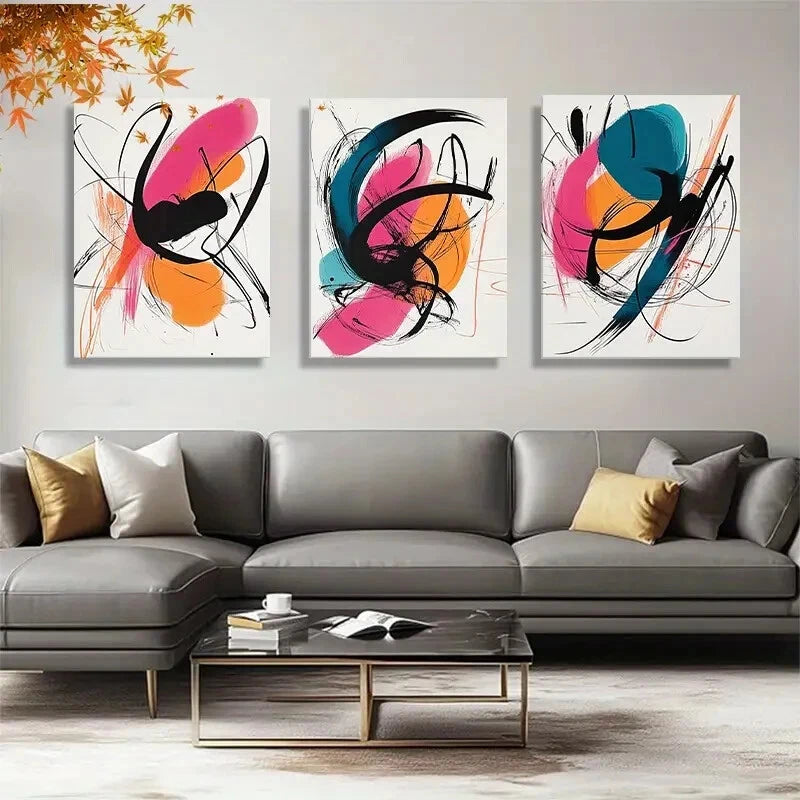 3pcs Colorful Abstract Orange Pink and Teal Metal Print Ready to Hang Art