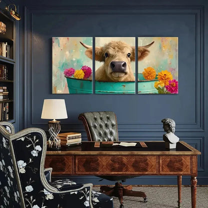 3pcs Cow in Tub with Vibrant Floral Surroundings Metal Print Ready to Hang Art