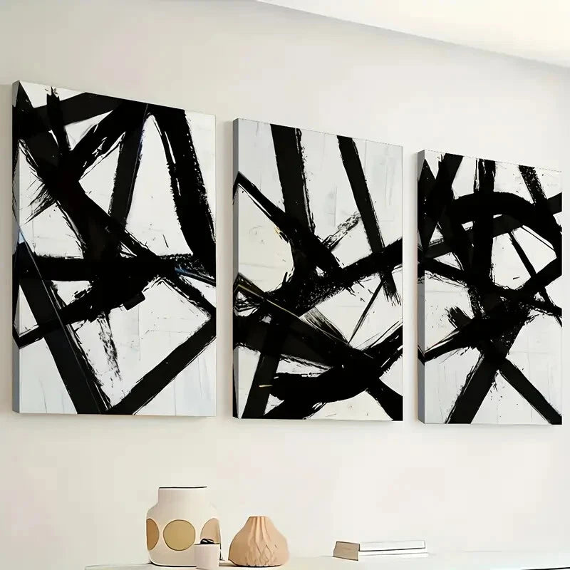 3pcs Black Intersecting Lines Modern Perfect Wall Art Set Canvas Framed 40x60cm - High Quality Print 100% Australian Made Wall Canvas Ready to Hang