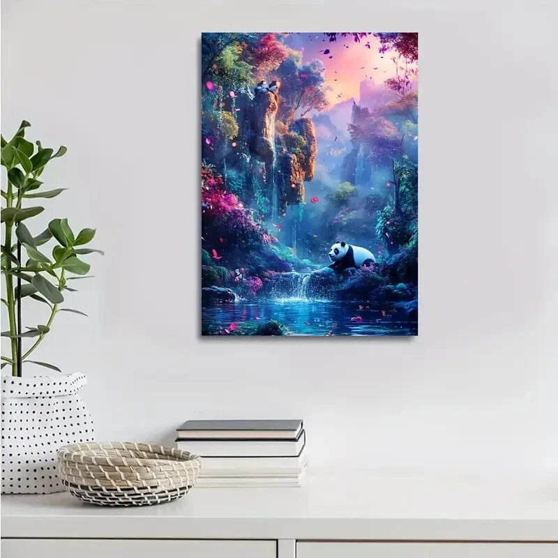 Vibrant Panda in Magical Forest Scene Painting 40x60cm Metal Print Ready to Hang