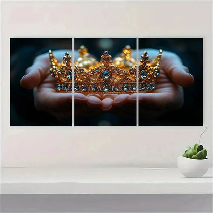3pcs Elegant Hand Holding Golden Crown Metal Print Ready to Hang Art