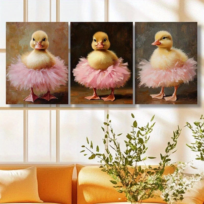 3pcs Adorable Duckling Playful Poses Metal Print Ready to Hang Art