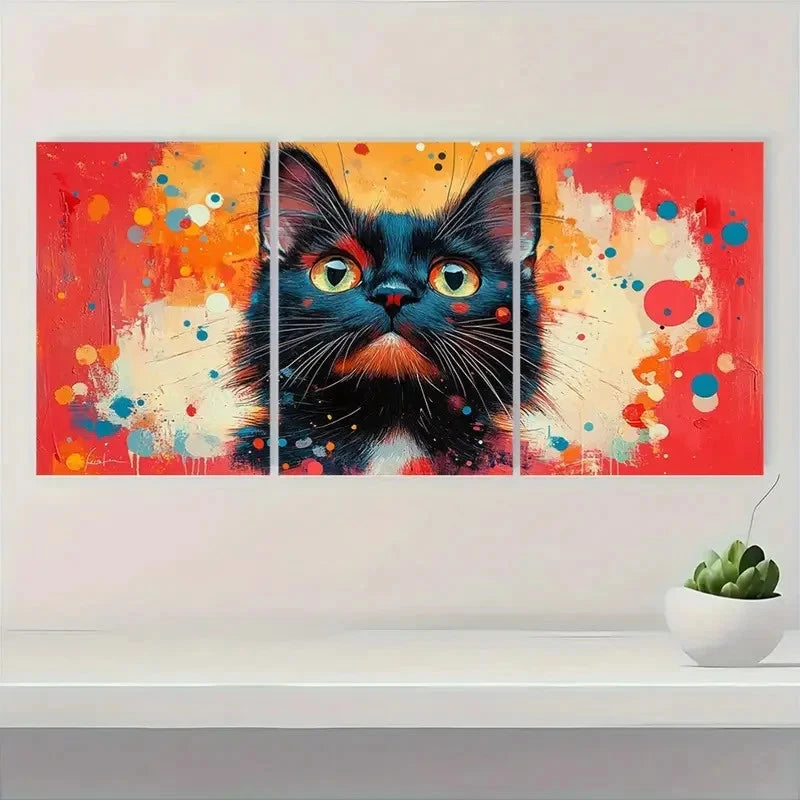 3pcs Abstract Cat Colorful Splatter Design I Wall Art Set Canvas Framed 40x60cm - High Quality Print 100% Australian Made Wall Canvas Ready to Hang