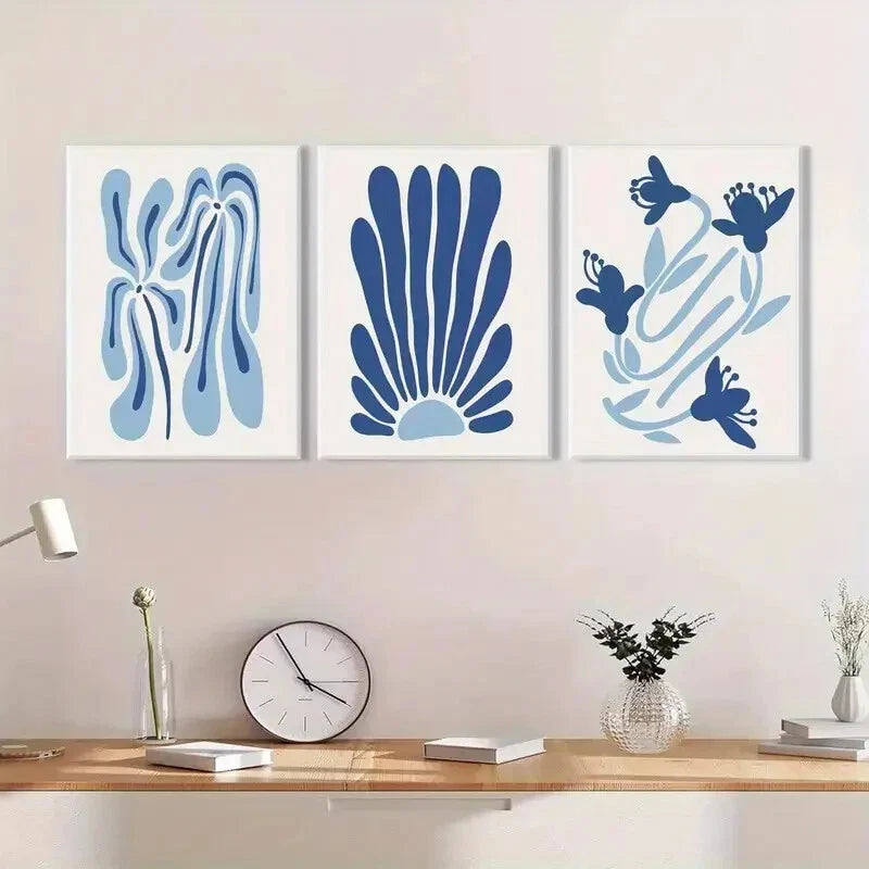3pcs Blue Matisse Abstract Light Blue Floral Metal Print Ready to Hang Art