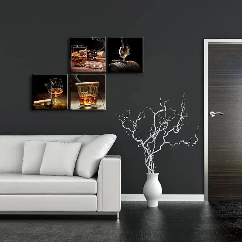 4pcs Cigar Wine Whisky Canvas Prints Wall Art Canvas Framed