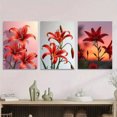 3pcs Red Lily Flower Vibrant Floral Orange Wall Art Set Canvas Unframed - High Quality Print 100% Australian Made Wall Canvas