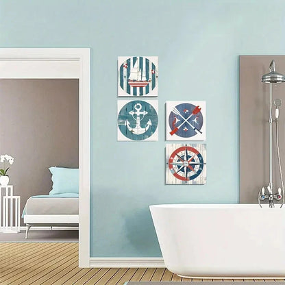4pcs Anchor Sailboat Compass Classic Marine Navy Wall Art Canvas Framed