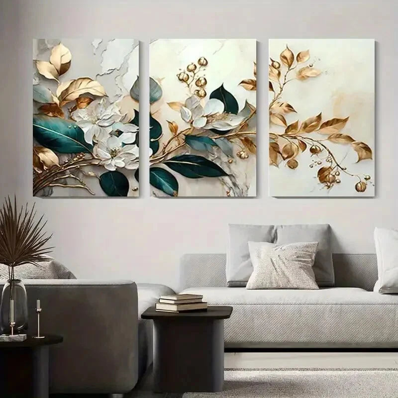 3pcs Elegant Floral & Golden Leaves Flower Metal Print Ready to Hang Art