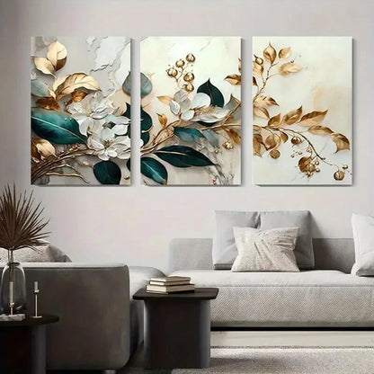 3pcs Elegant Floral & Golden Leaves Flower Metal Print Ready to Hang Art