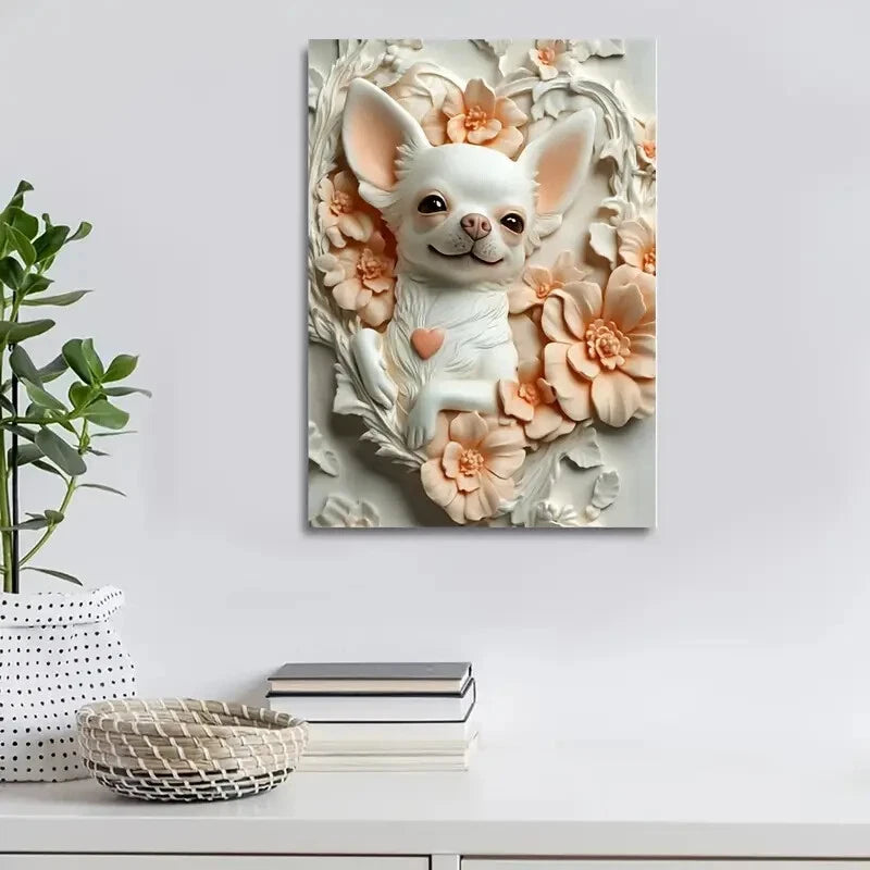 Humorous Chihuahua Surrounded by Flowers Painting 40x60cm Metal Print Ready to Hang