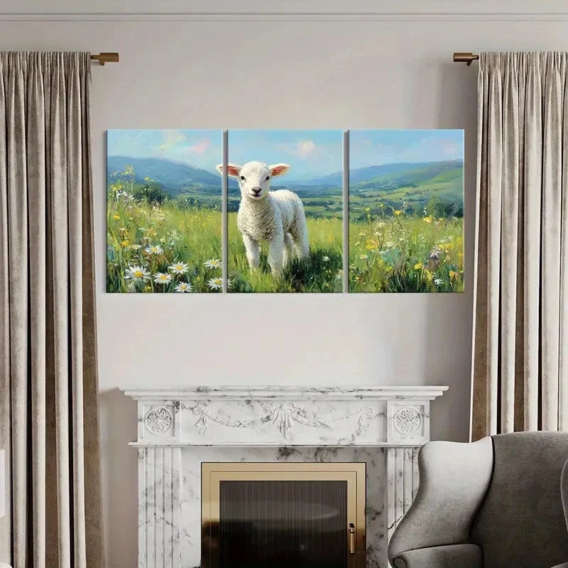 3pcs Pastoral Landscape with Lamb in Spring Meadow Metal Print Ready to Hang Art