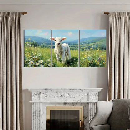 3pcs Pastoral Landscape with Lamb in Spring Meadow Metal Print Ready to Hang Art