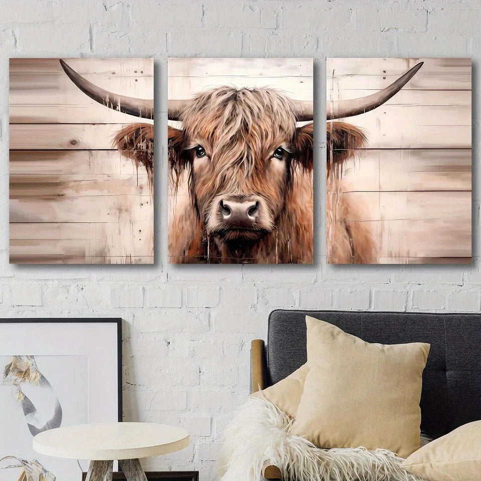 3pcs Highland Cow Rustic Wooden Metal Print Ready to Hang Art
