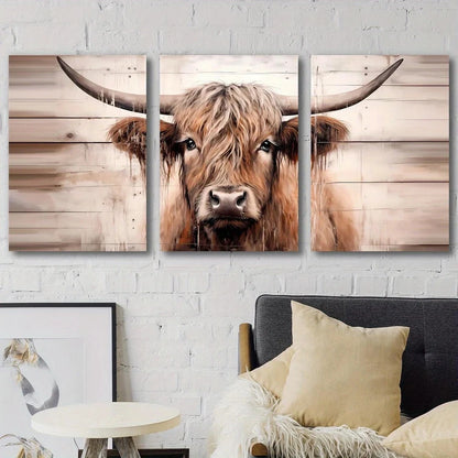 3pcs Highland Cow Rustic Wooden Metal Print Ready to Hang Art