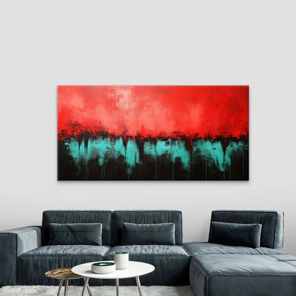 Vibrant Red & Teal Abstract Wall Art Canvas Office Home Room Framed 120x60cm