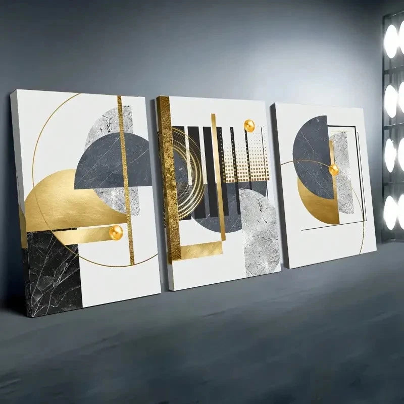 Three abstract art pieces with geometric shapes on a gray background