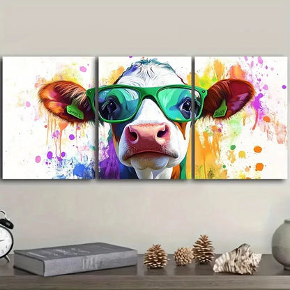 3pcs Cute cow wearing green glasses Wall Art Set Canvas Framed 40x60cm - High Quality Print 100% Australian Made Wall Canvas Ready to Hang
