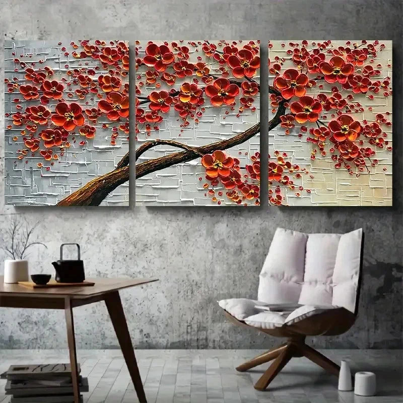3pcs Red Floral Abstract Textured White Metal Print Ready to Hang Art