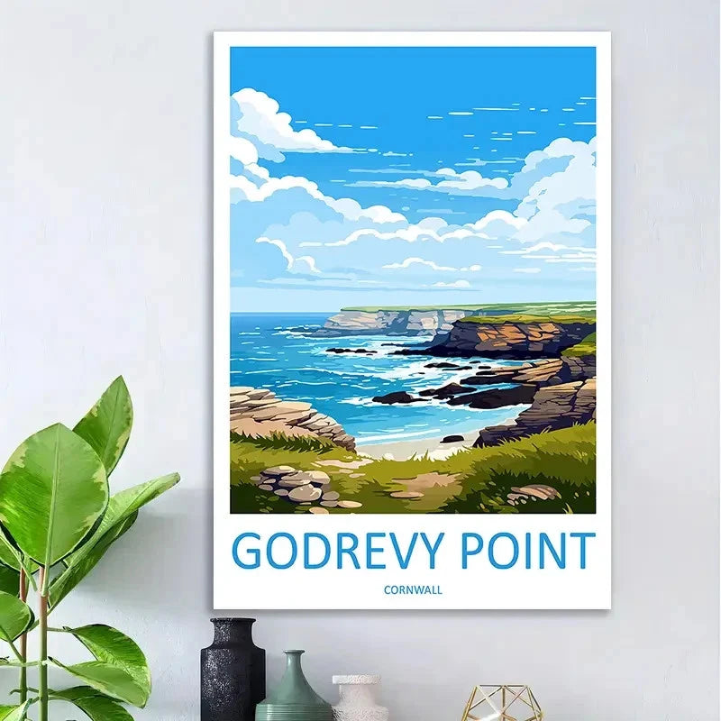 Picturesque Coastal Cornwall Blue Ocean Sky Travel Poster Print Wall Art