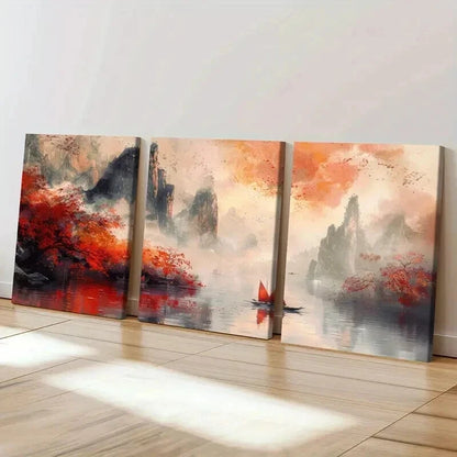 3pcs Retro Traditional Chinese Landscape Wall Art Set Canvas Framed 40x60cm - High Quality Print 100% Australian Made Wall Canvas Ready to Hang