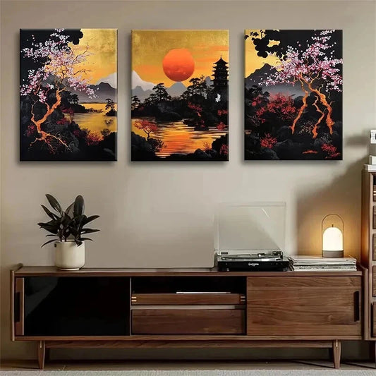 3pcs Japanese Sunset Landscape Golden Perfect Wall Art Set Canvas Framed 40x60cm - High Quality Print 100% Australian Made Wall Canvas Ready to Hang