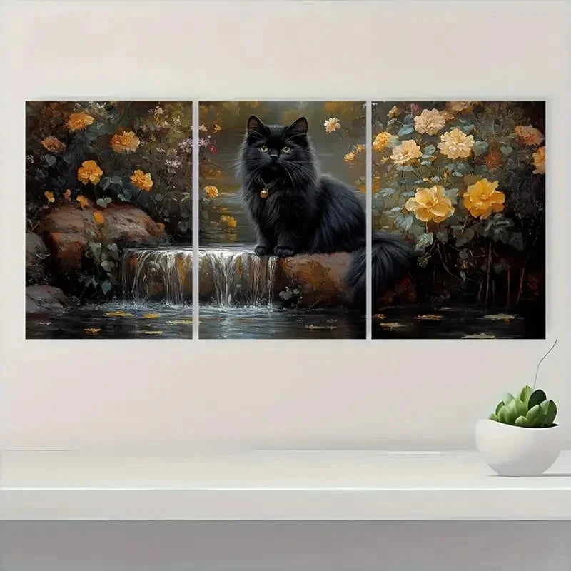 3pcs Black Cat Waterfall & Floral Desig Wall Art Set Canvas Framed 40x60cm - High Quality Print 100% Australian Made Wall Canvas Ready to Hang