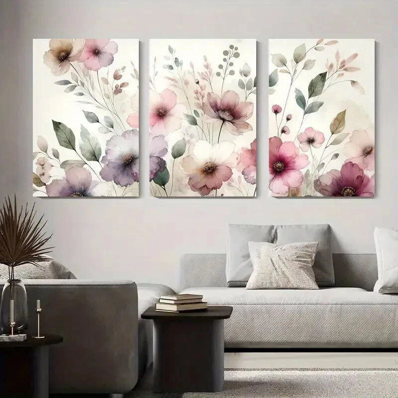 3pcs Pink Watercolor Floral Modern Flower Metal Print Ready to Hang Art