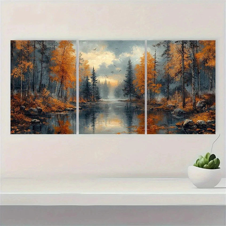 3pcs Autumn River Forest Vintage Antique Style Wall Art Set Canvas Framed 60x90cm - High Quality Print 100% Australian Made Wall Canvas Ready to Hang