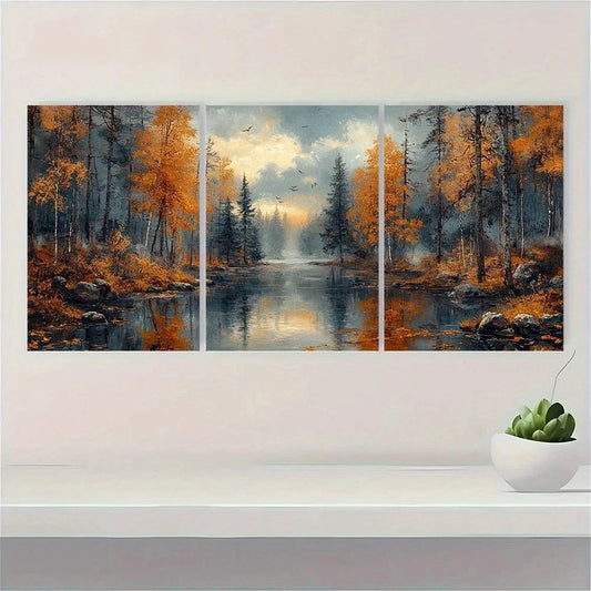 3pcs Autumn River Forest Vintage Antique Style Wall Art Set Canvas Framed 60x90cm - High Quality Print 100% Australian Made Wall Canvas Ready to Hang