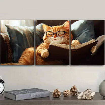 3pcs Charming Orange Cat Reading Metal Print Ready to Hang Art