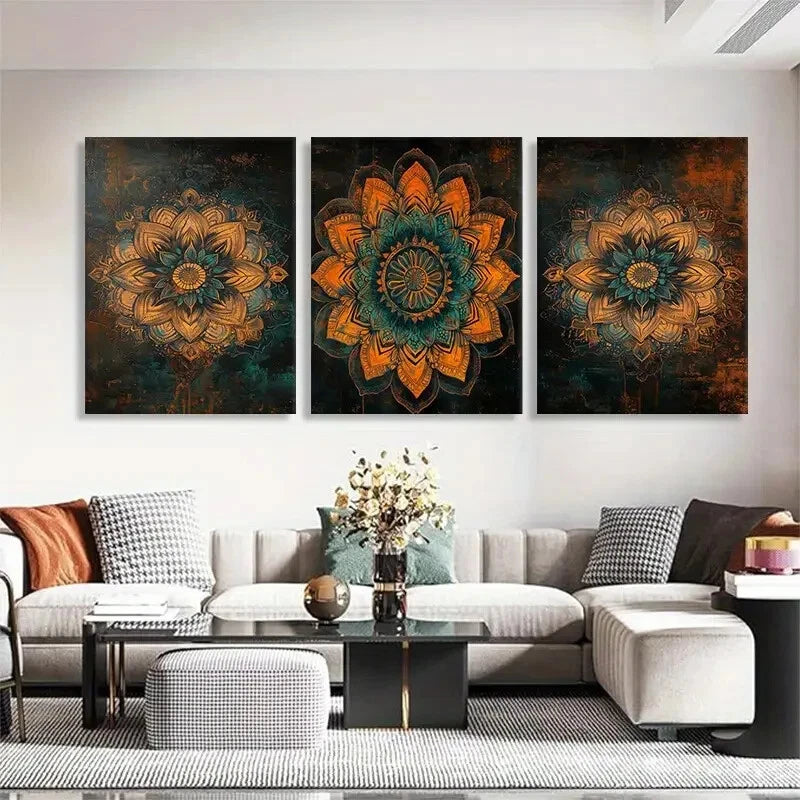 3pcs Mandala Flower Floral Mandala Teal Perfect Wall Art Set Canvas Framed 60x90cm - High Quality Print 100% Australian Made Wall Canvas Ready to Hang