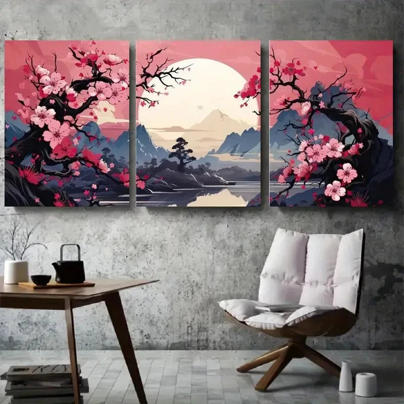 3pcs Cherry Blossom Sunrise Zen Floral Metal Print Ready to Hang Art
