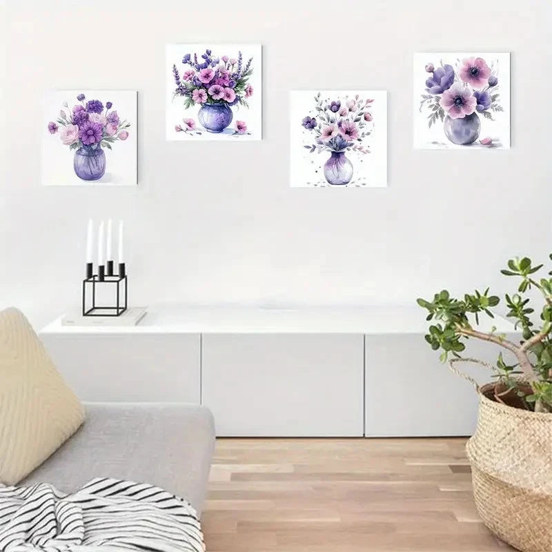 4pcs Purple Flower Arrangements In Vases Theme Wall Art Canvas Framed