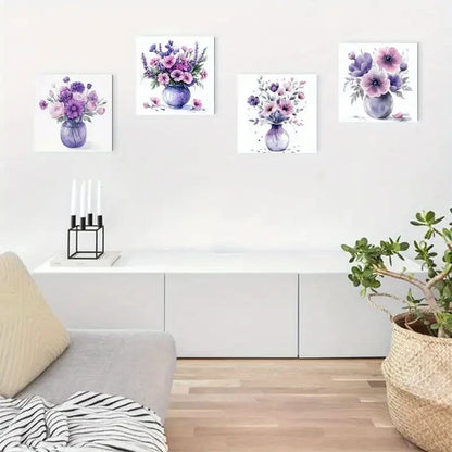 4pcs Purple Flower Arrangements In Vases Theme Wall Art Canvas Framed