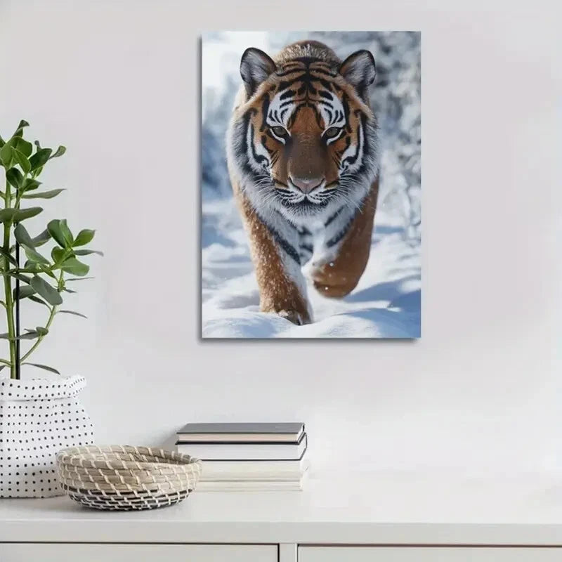 Beautiful Contemporary Tiger in Snow Painting 40x60cm Metal Print Ready to Hang